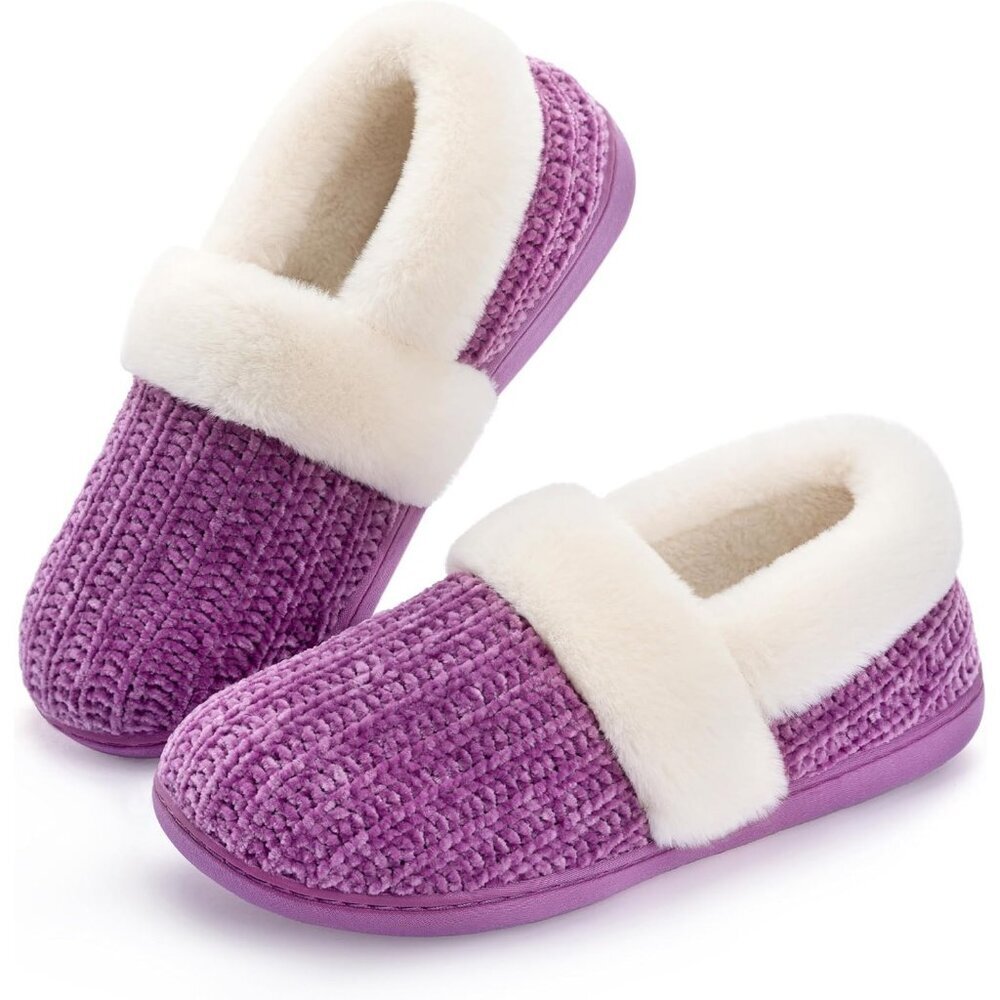Women's Purple Faux Fur Collar Sherpa Fleece Lining Non Slip Slipper Boot